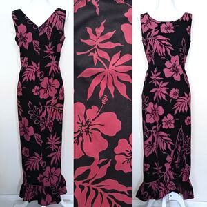 VTG CC Fashions Hawaii Tropical Floral Cotton Print Maxi Ruffled Front Slit  M/L